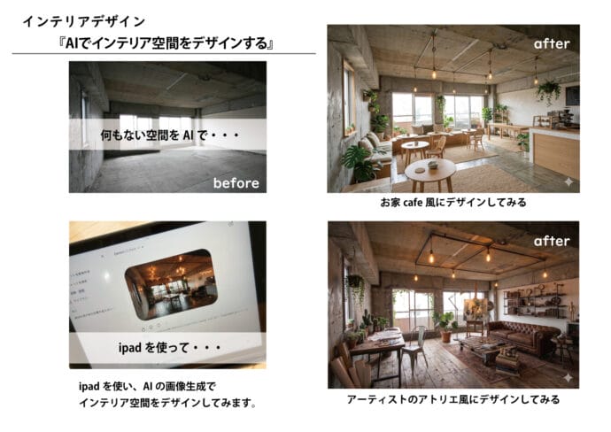 ビフォーのコンクリート打ちっぱなしの空間。何もない状態をAIでデザインすることを示す写真。